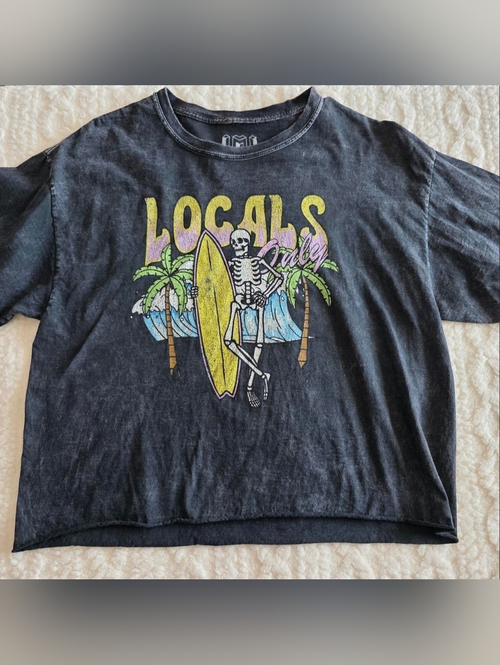 Isaac Morris Locals Only Skeleton Surf Graphic Tee Acid Wash Black Large